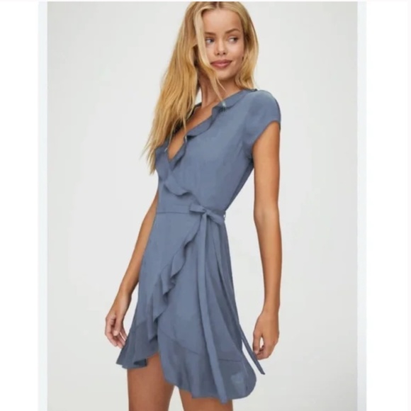 NWT Aritzia/Sunday Best Savoy Ruffle Wrap Dress in Steel Blue - Picture 1 of 4